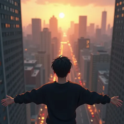 A young man, black sweatshirt clothing ,  medium sized black hair , Scenario a city , The young man is jumping off the building, suicide, with open arms, It&#39;s afternoon,  3D image quality animation .