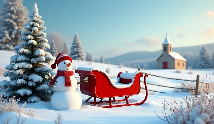 Beautiful winter scene on a meadow with snow on the ground. There is a section of low wooden fence, beside it there is a bright red sleigh. Some shiny silver metal bells are hanging on the sleigh. There is a smiling snowman next to it. There are some small...