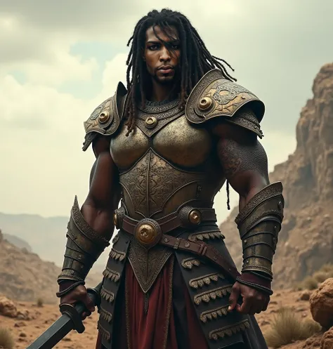 a warrior black man, with dread , a sword and an armor
