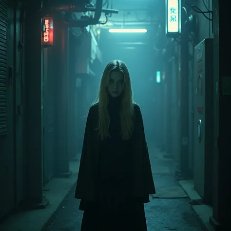 if you looking for salvation, gothic girl with blond hair, dark picture, night, synthwave atmosphere, industrial music