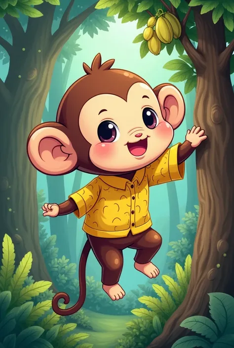 Chibi cartoon
Monkey doll
Wear a banana shirt
Hang the head down using the tail to harvest the branches of the tree.
In a beautiful forest
Japanese Anime Picture Style