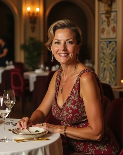 HD image. realistic photography, improved image .  Correct photo without errors .  A mature woman wears a dress for dinner at CD DE MÉXICO.  at the Mexico City Hotel in the historic center . 