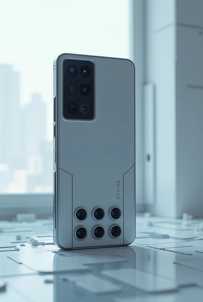 A cell phone with a camera perched above nine