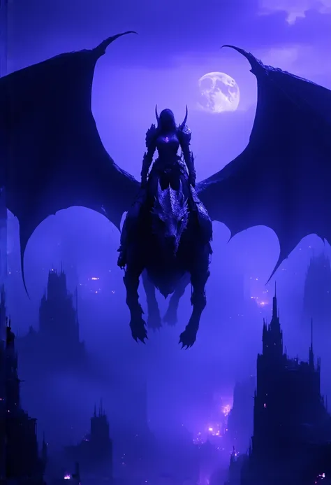 In the high skies of dark night, a gigantic robotic dragon soared above the glowing cyperpunk city, carrying a robot warrior clad in futuristic armour ((((mounted on its back)))), Its icy purple eyes and Its wings sliced through the air, , showcasing the s...