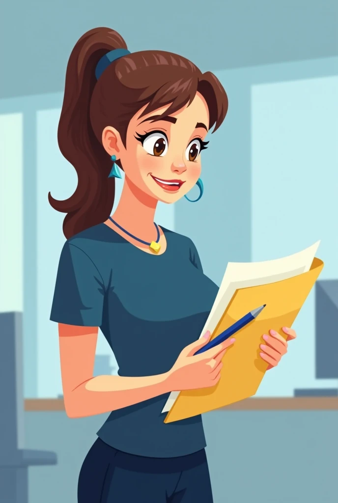 Young female administrator without glasses with folder and pen in hand looking at fixed dark blue t-shirt cartoon mode 

