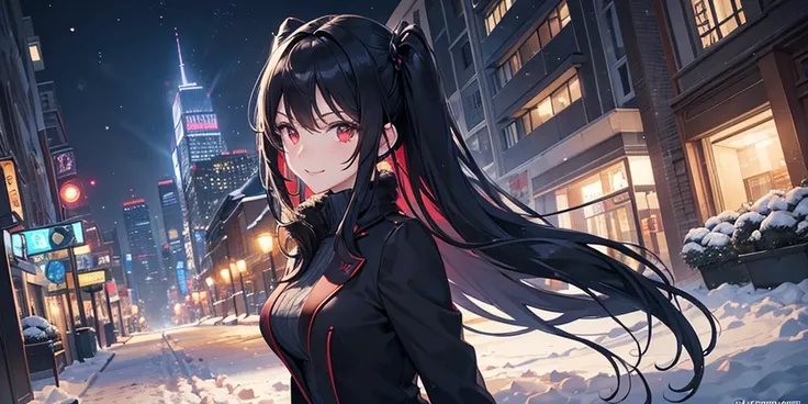 An anime-style portrait of a stunning businesswoman with sleek black hair styled into elegant twin tails, framing her sharp and captivating red eyes that shimmer with a mischievous glint. She wears a sophisticated winter jacket with a high collar, detailed...