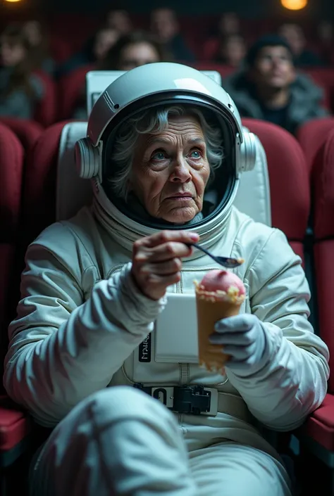 An elderly woman watching a movie at the cinema ,  wearing astronaut clothing and holding a helmet in her lap and eating ice cream