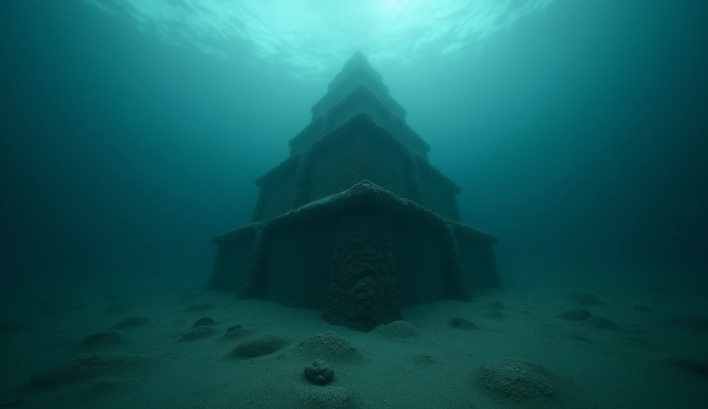 A computer screen showing an image captured by an underwater camera,  showing a giant structure at the bottom of the ocean.  The structure is symmetrical and mysterious ,  with a triangular or pyramidal shape . the image is blurred,  with sand particles fl...