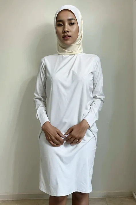  A beautiful young Indonesian girl of slim stature , wearing a hijab and a white muslim shirt that is very thin and very translucent, about twenty five years old,  her whole body is clearly visible through her clothes , very realistic,  very detailed, not ...