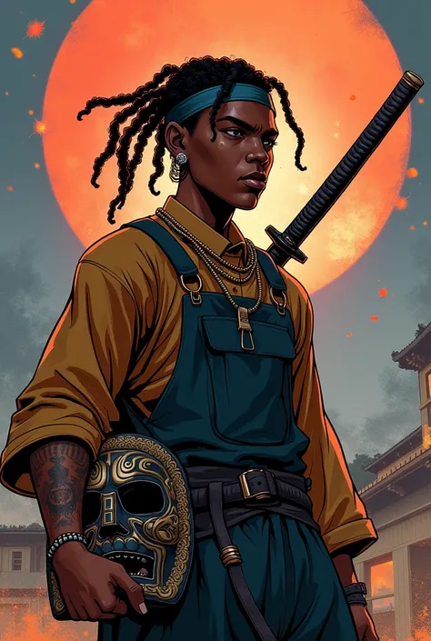 Manga a 25-year-old black boy with two black dread locks earrings and then a big katana in the back 
 And then with a samurai mask in hand without a beard 