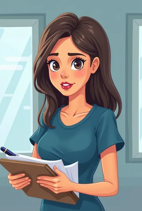 Young female administrator without glasses with folder and pen in hand looking at fixed dark blue t-shirt cartoon mode 

