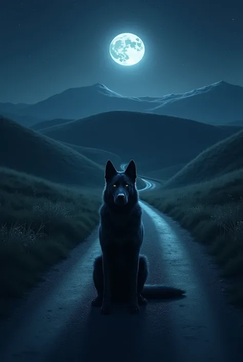 Create an image of a road coming from a distant hill with grass and straw with a big black and dark dog walking in it at midnight face to face please 