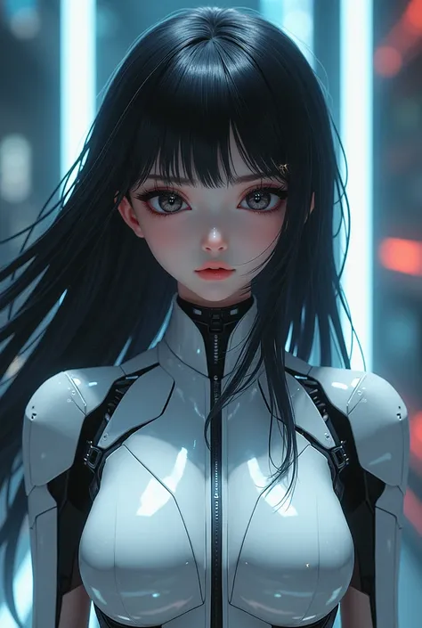 White cyber robot anime girl with black hair background 