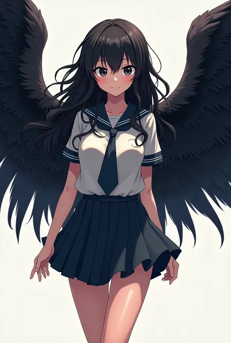 A My Hero Academy-style Character

A girl with a slim build, curly and black and long hair, completely white irises and long eyelashes with their normal uniform and large black wings coming out of their back

