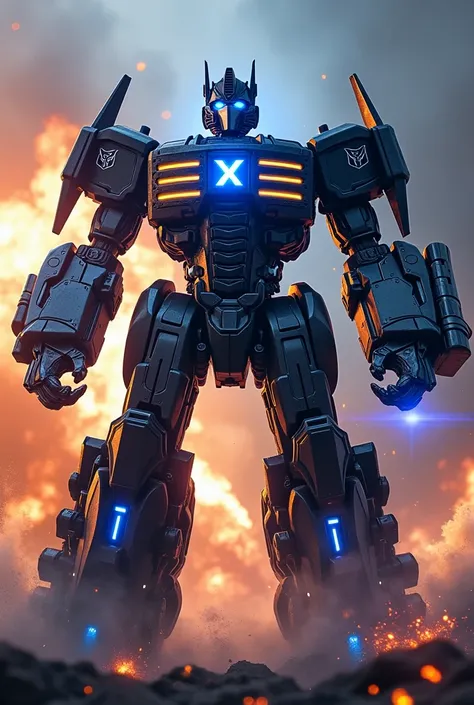 , a battle takes place between Titan X5, a giant robot of the Titan level, the head is Optimus prime and has an Optimus prime body with an X symbol on the head, black and neon blue light, there is a black Energon sword, neon blue and yellow light on the sw...