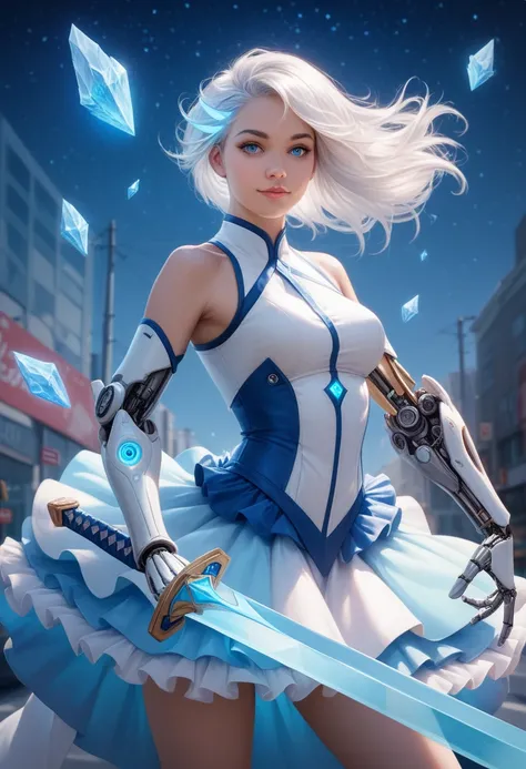 ((A half-mechanical girl with a human torso and translucent mechanical limbs)), ((Her limbs are translucent and revealing the internal electronic circuitry)), (Sleeveless jacket and frilly skirt), Bright blue eyes:1.25, Bright mechanical limbs, ((a Blue gl...