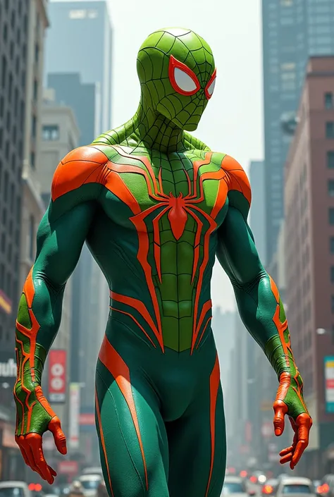 Spiderman in a light green and orange suit