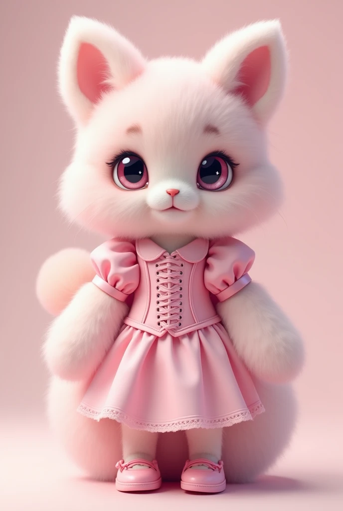  Anthropomorphic pastel pink fur , Pink Iris,  star-shaped black pupil ,  pink dress with pink corset with laces on the front,  puffed sleeves on the shoulders , The skirt is a lighter shade , mary jane shoes. A lock of hair. 