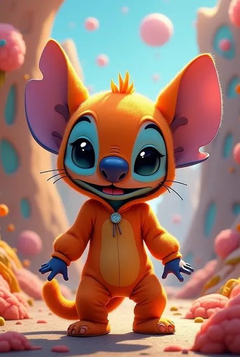 I need you to do the character Stitch dressed in an orange cat suit 