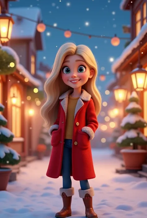  3D cartoon image, Christmas night ,  light-haired woman ,  happy,  smiling on the street  