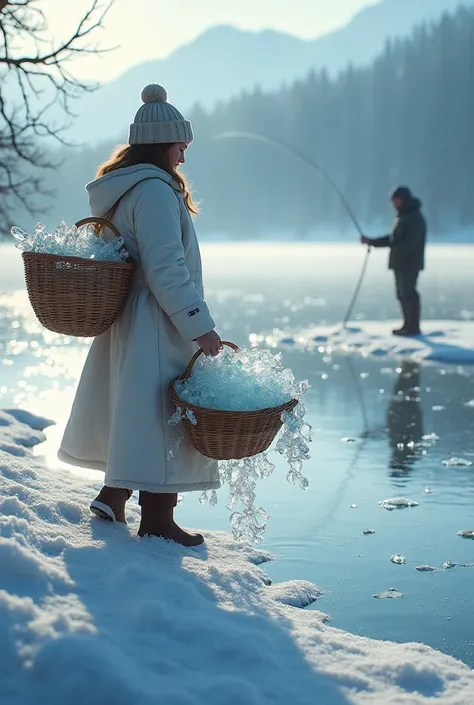  Fishing in a beautiful lake full of crystal ice , crystal tangible fish ,  beautiful woman carrying nets and baskets filled with crystal ice,  man fishing for fish ,  baskets full of crystal ice cubes, can fish a lot full of ice 