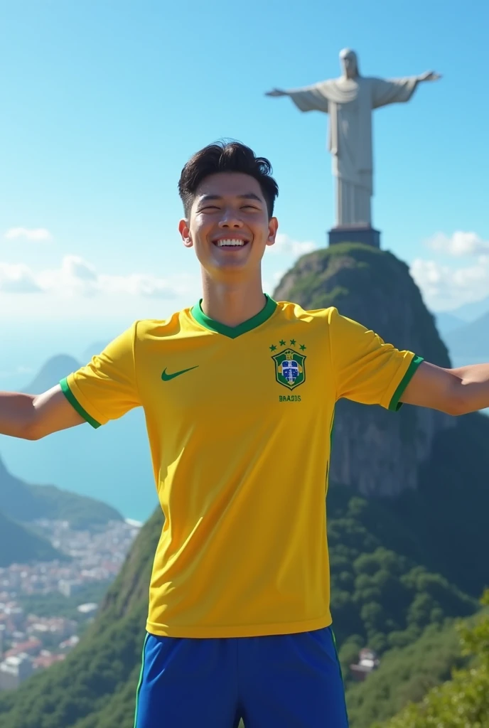 A young and elegant man, inspired by the Korean actor Cha Eun-woo, with short black hair and delicate, symmetrical features, wearing the uniform of the Brazilian football team, consisting of a yellow shirt with green details, blue shorts and white socks. H...