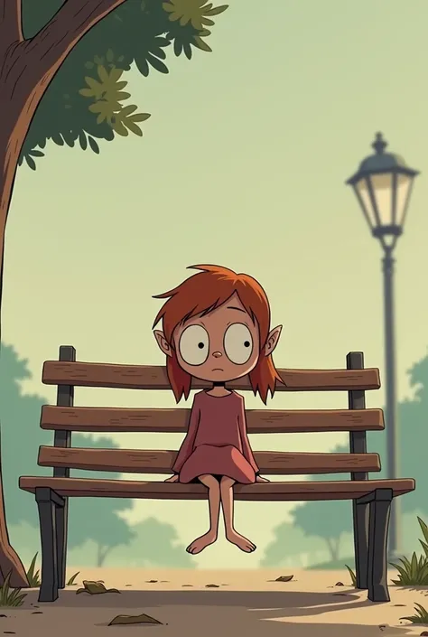 Create an image of a shy and reserved  , sitting alone on a bench ,  that the IMAGE IS 2D ANIMATED AND LOOKS LIKE REN