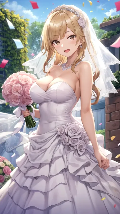 masterpiece, best quality, high quality, girl, solo, looking at viewer, shuuji_nakamura, brown eyes, blonde hair, large breasts, wedding Dress, standing, garden, confetti, holding bouquet, smile, open mouth,