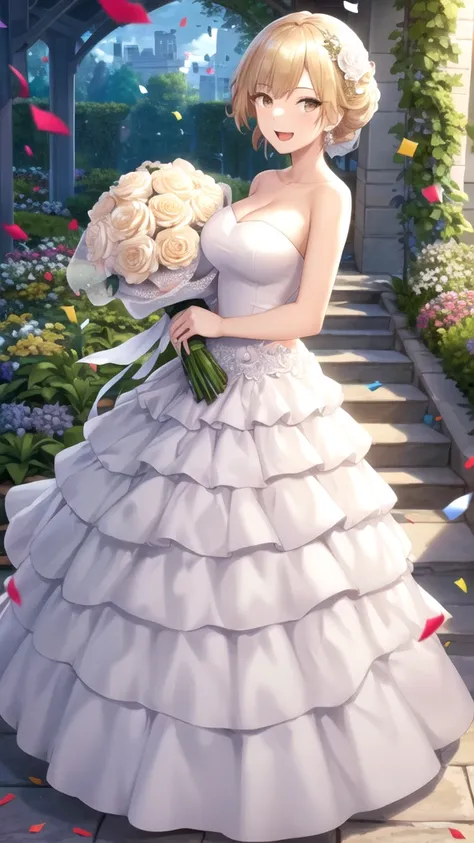 masterpiece, best quality, high quality, girl, solo, looking at viewer, shuuji_nakamura, brown eyes, blonde hair, large breasts, wedding Dress, standing, garden, confetti, holding bouquet, smile, open mouth,