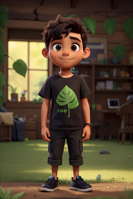  A brown boy wearing a black t-shirt ,holding green leaves 