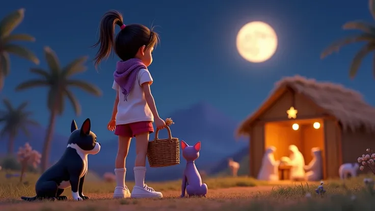 Inspired by the characters in the films on the Disney Pixar posters in high quality and high resolution 3D create the image taken from the back the girl with basket in her hands with a bun at her side her dog a French bulldog puppy black and white with pre...