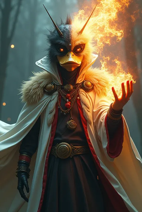 Dark Art Darkweb Evil Daffy Duck The Realistic Wizard,Using Anonymous Mask,Darkness,Dark,4k and is with realistic details in a realistic style, cinematic, final fantasy, 8K, with serious look with look divided into two parts the right side is determined wi...