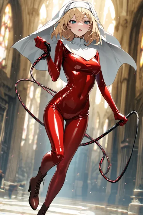 Skinny blonde woman nun wearing latex gloves and boots with a whip in her hand, With red latex clothing 