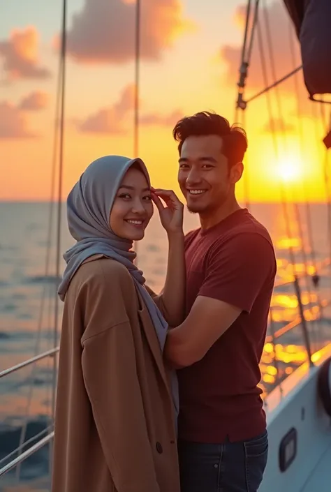 Korean hijab woman poses gracefully standing on the deck of a luxury sailboat, right hand taking off her glasses with a handsome young Indo guy. smiling at the camera. Stunning sunset background, where oranges blend with gold and blue.