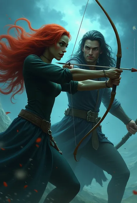 A dark-skinned witch ,  green eyes and long red hair, Magic surrounding her, fighting a man who carries a bow and arrow with black hair up to his shoulders, silver eyes and pale skin , a storm of shades of blue surrounding them.