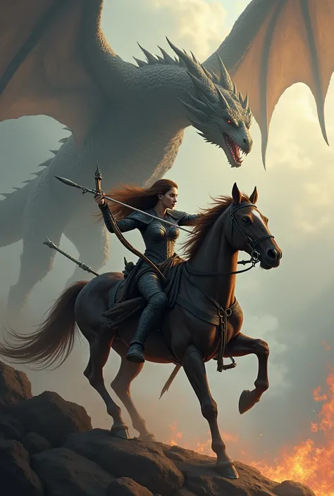 Woman on a horse, in dark armor with brown hair, no helmet. Sword at her waist, and shes using a bow and arrow. 
In the background is a fire breathing dragon flying above in the sky