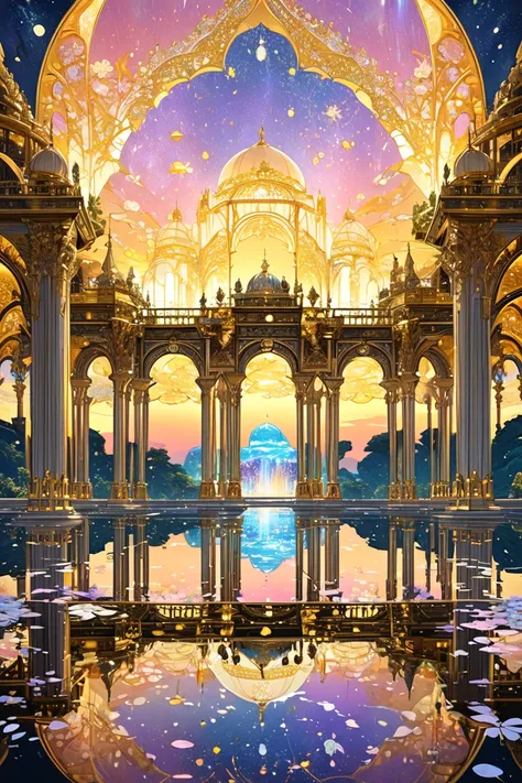 A mesmerizing celestial kingdom suspended above a sea of golden clouds, illuminated by a radiant and ethereal light. The scene features opulent palaces of marble and crystal, adorned with intricate golden domes and celestial carvings. Graceful angels with ...