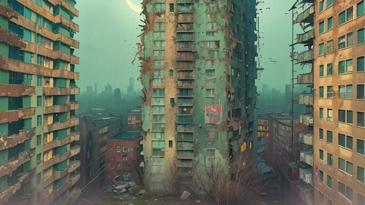 View from window. old abandoned mega city. Antennas.loneliness. moon. Brutalism architecture. Post soviet ruined buildings. Old graffitis. mystery, technoir. Post apocalyptic environment. ruined tall buildings. Brutalism architecture. rain, fog, night. wet...