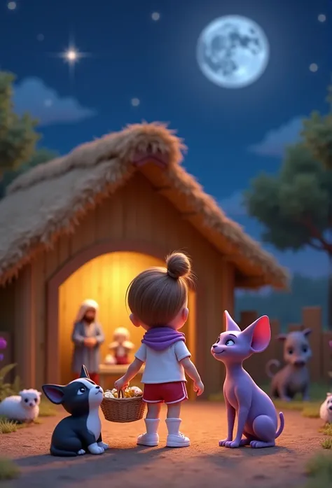 Inspired by the characters in the films on the Disney Pixar posters in high quality and high resolution 3D create the image taken from the back the girl with basket in her hands with a bun at her side her dog a French bulldog puppy black and white with pre...