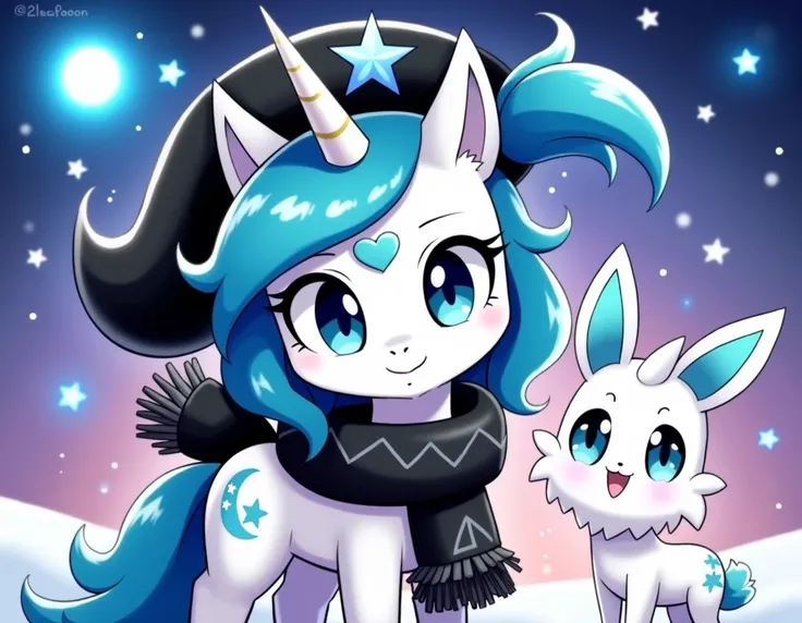 An MLP pony called a snowstar who has a blue mane and a beauty mark formed by a moon and stars with a black cap with a blue star on his head and a white neck scarf that has azure eyes and a unicorn horn are fur and black with touches of white with a white ...