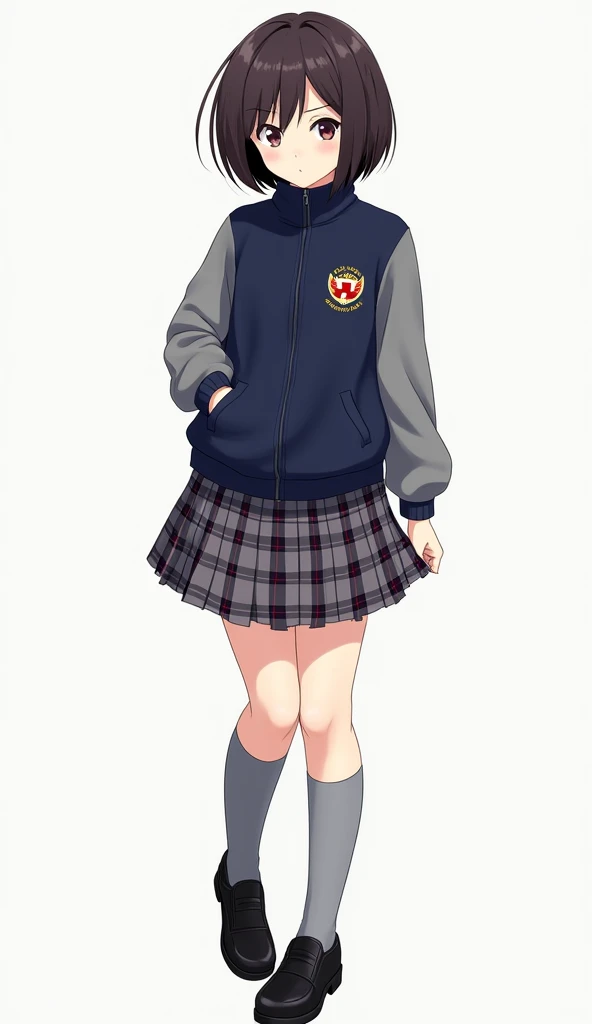 Anime adolescent woman with tartan style skirt main color gray and dark blue squares with red lines that form checkered patterns Y with a dark blue fleece with gray sleeves, sporty style, with zipper in the front On the left side of the chest there is a lo...