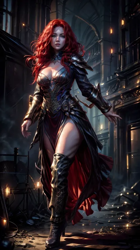 Highly detailed, cinematic, and realistic. A stunning red-haired mage with captivating beauty, wearing a flowing, elegant, and alluring dark blue dress that accentuates her form. The dress features intricate patterns and subtle magical details. She dons th...