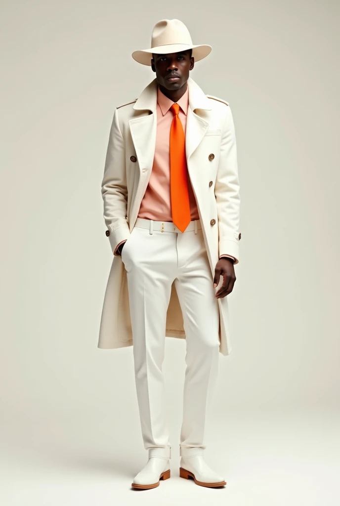 A man wearing a white suede hat ,  with a white trench coat and a light pink shirt inside,  wearing a melon-colored tie with orange details ,  white pants and white denim boots 
