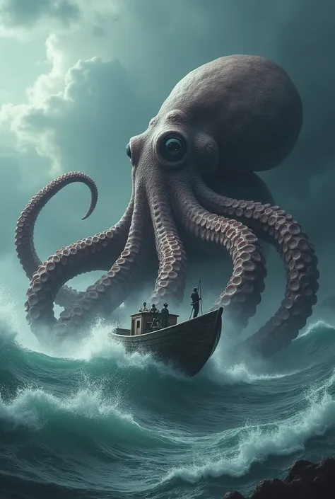 Create for me an ultra realistic image of a giant octopus attacking a fishing vessel 