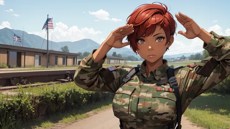 Thirty two year old woman, African American, short red hair in a pixie cut, brown eyes, muscular frame, wearing camo, looking at viewer, saluting with one arm, military barracks in background.