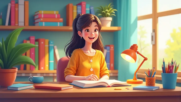 A cheerful  sitting at a colorful study desk, surrounded by neatly stacked books, a pencil case, and a small table lamp, in a well-lit room with vibrant decor.