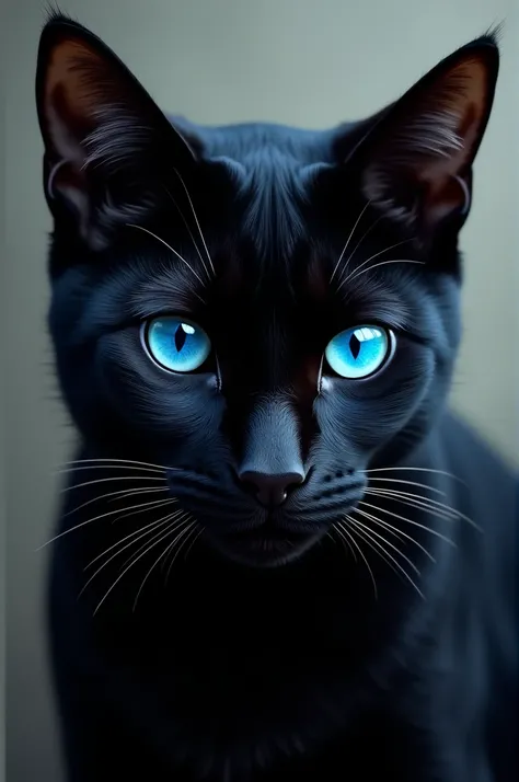 Create the features of a black cats face with very attractive blue eyes 