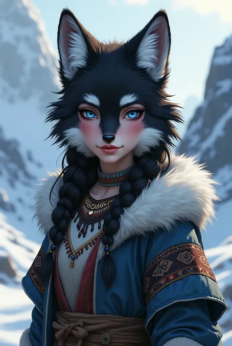 A fursona Arctic vixen with black and white fur on the tips of her ears with blue eyes and indigenous clothing 