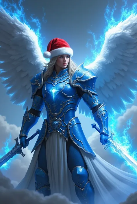 Angel with blue armor and sword with blue fire with Santa Claus hat