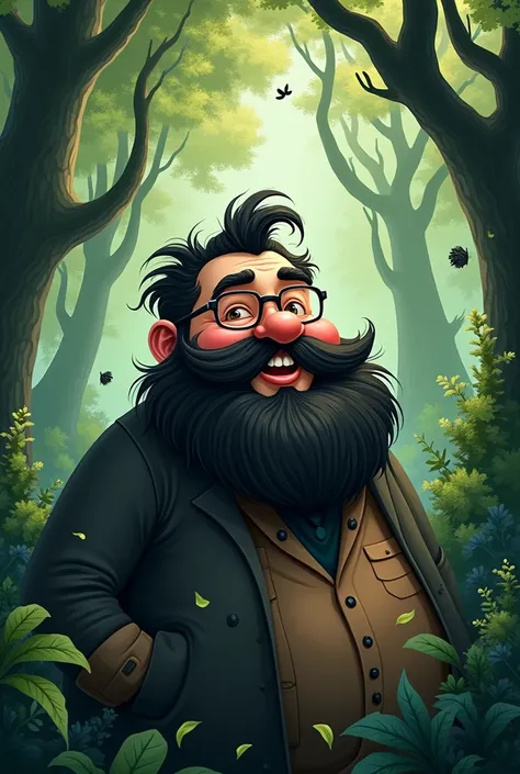 Fat man with a beard and little black hair and glasses in Ds world& d smiling in a forest with black elements, arte de Caroline Gariba